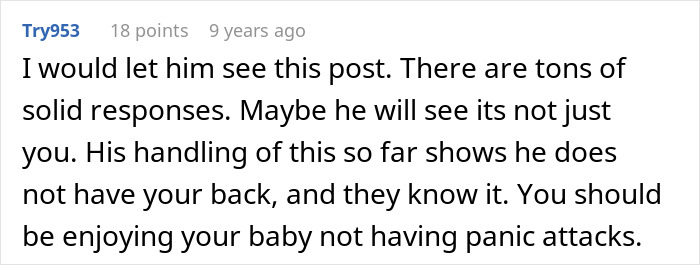 Comment from user Try953 discussing new mom's anxiety and lack of husband's support during in-laws visits.