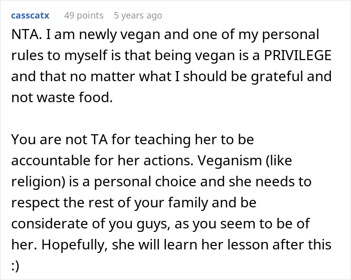 Comment discussing vegan teen cooking meat to teach a lesson about wasting food and personal accountability.