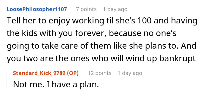 Screenshot of a Reddit conversation about homemaker and adult kids not having luxury cars, with a comment on financial concerns.