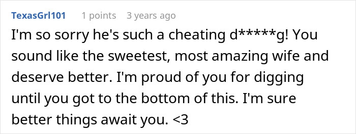 Screenshot of a supportive comment addressing a woman dealing with a horrible cheating jerk husband online.