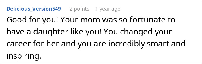 Comment praising a daughter for supporting her mother despite husband refusing chemotherapy, highlighting strength and inspiration.