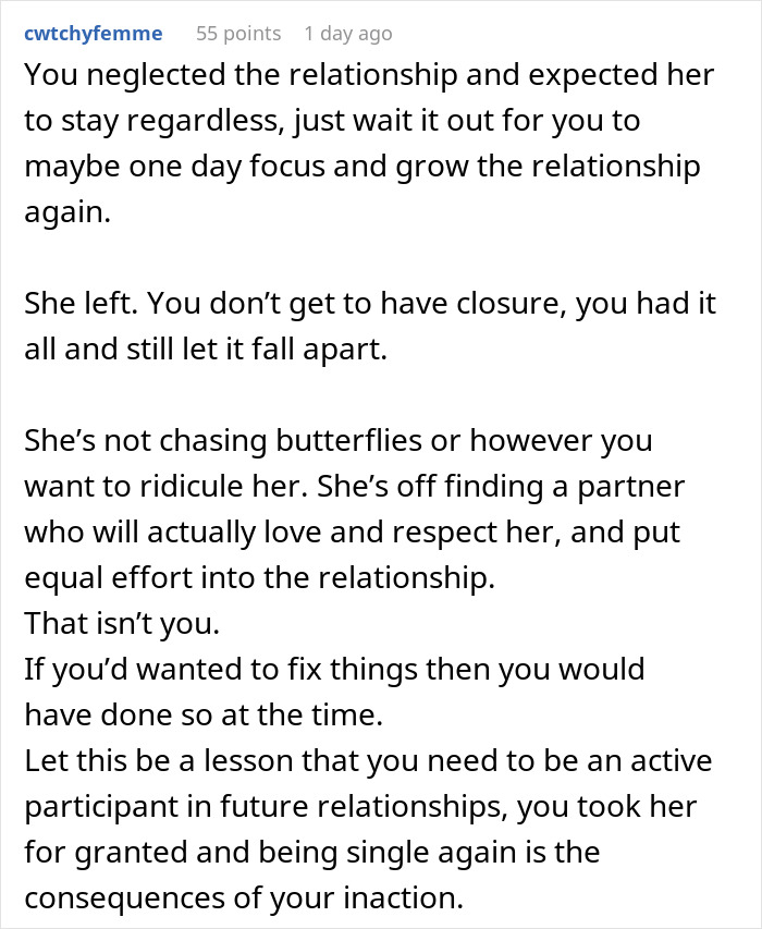 Alt text: Reddit comment explaining relationship issues and why fianc&eacute;e left, mentioning chasing butterflies and respect in love.