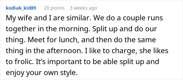 Comment discussing how men abandon their partners during outdoor activities, highlighting relationship dynamics and individual styles.