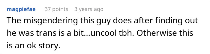 Screenshot of an online comment discussing a guy who discovers his teenage ex now lives as a man in the US.