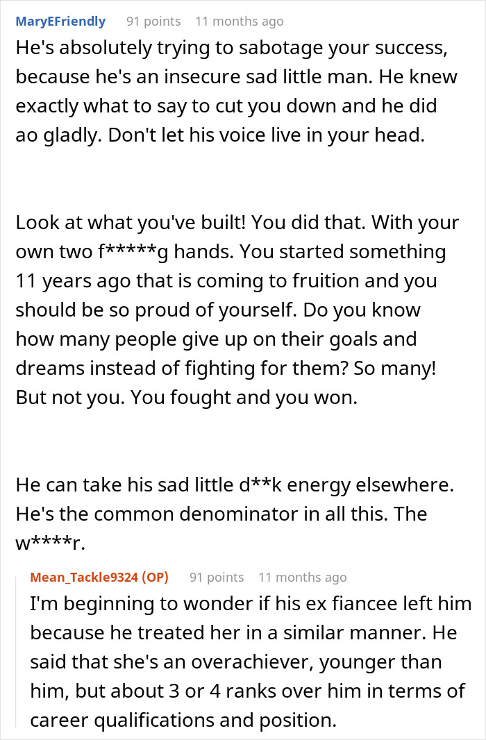 Online comments defending a woman against a man dismissing her major career milestone and accusing her of success through unfair means.