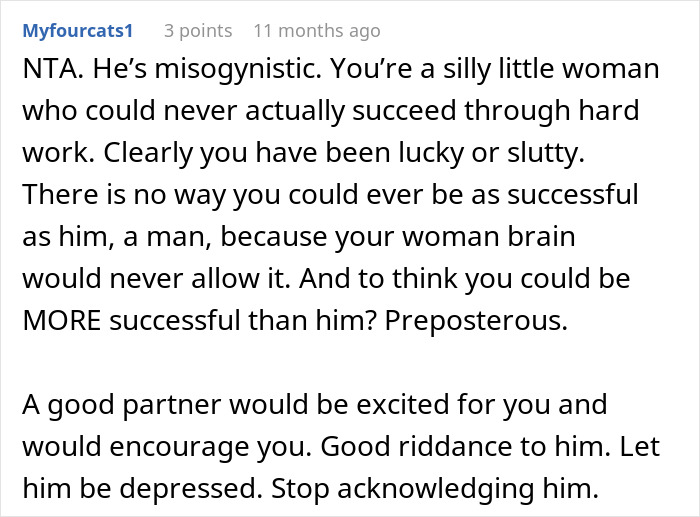 Comment discussing a man dismissing his girlfriend&rsquo;s career milestone and accusing her of sleeping her way to success.