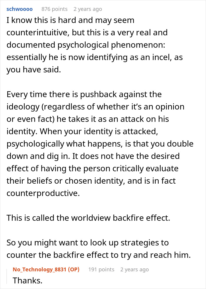Text post discussing psychological effects of identity attacks and the worldview backfire effect in online arguments.