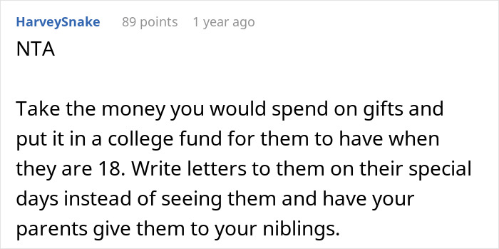 Comment suggesting cutting contact with family due to niblings being brainwashed to hate him and saving money for their future.