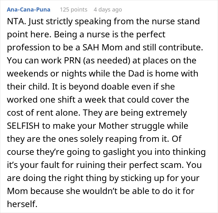 Comment discussing family expecting grandma to support them financially so wife can be a stay-at-home mom, calling it selfish.