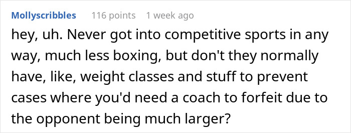 Screenshot of a Reddit comment discussing concerns about fairness and weight classes in an uncertain boxing match.