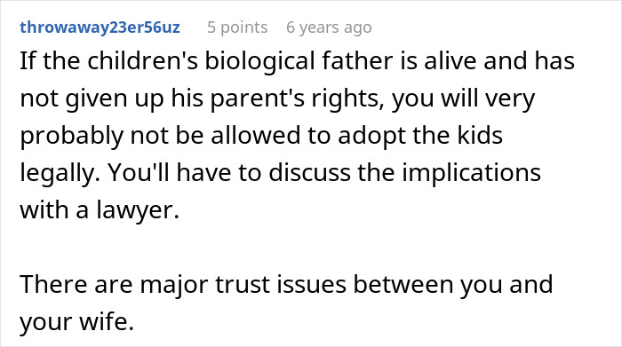 Screenshot of a forum comment about legal issues in adopting wife&rsquo;s kids and trust problems between spouses.