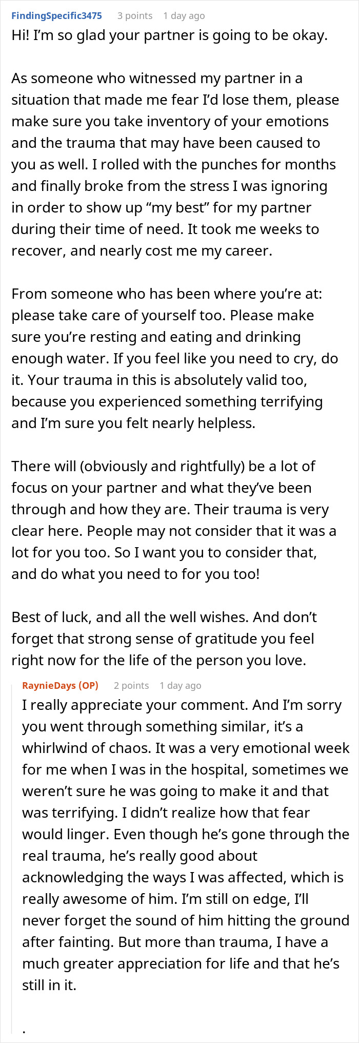 Reddit comments discussing trauma and recovery after a guy coughs up blood days after a car accident.