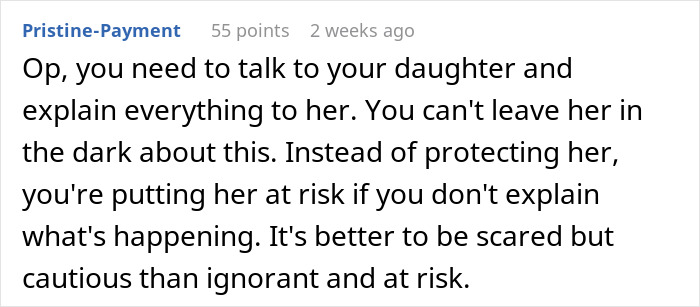 Screenshot of an online comment advising a woman to explain risks to her daughter due to concerns about her brother-in-law. Screenshot of an online comment advising a woman to explain risks to her daughter due to concerns about her brother-in-law.