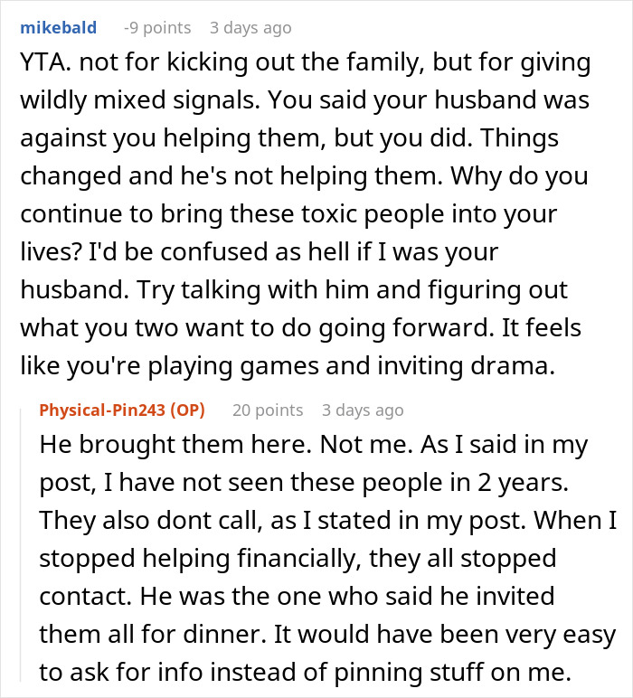 Reddit conversation discussing woman kicking out husband's entitled family after job conflict and ongoing toxic family drama. Reddit conversation discussing woman kicking out husband's entitled family after job conflict and ongoing toxic family drama.