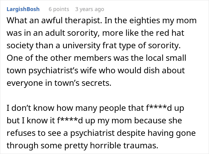 Screenshot of an online comment discussing issues with a therapist and secrets shared within a small town community.