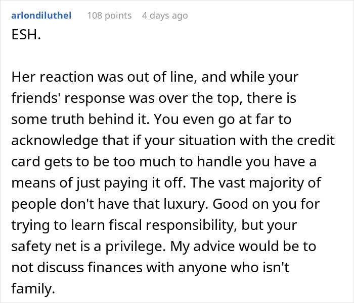 Screenshot of a Reddit comment discussing privilege and financial responsibility of a woman who grew up wealthy.