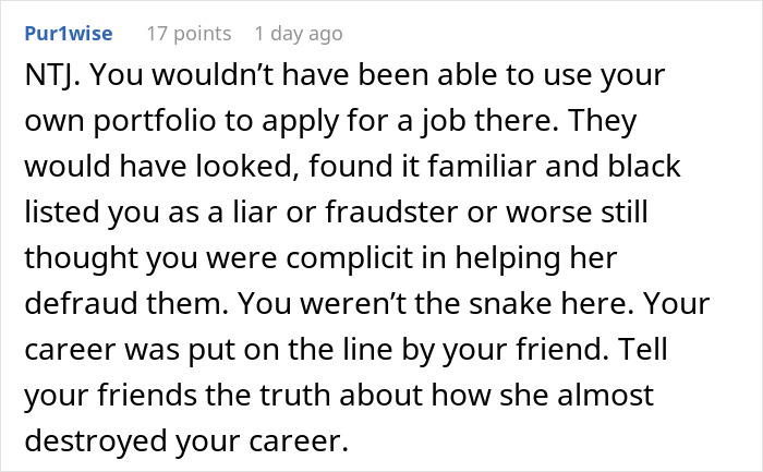 Comment discussing how a boss stole the portfolio, risking the person's career and trust among roommates.