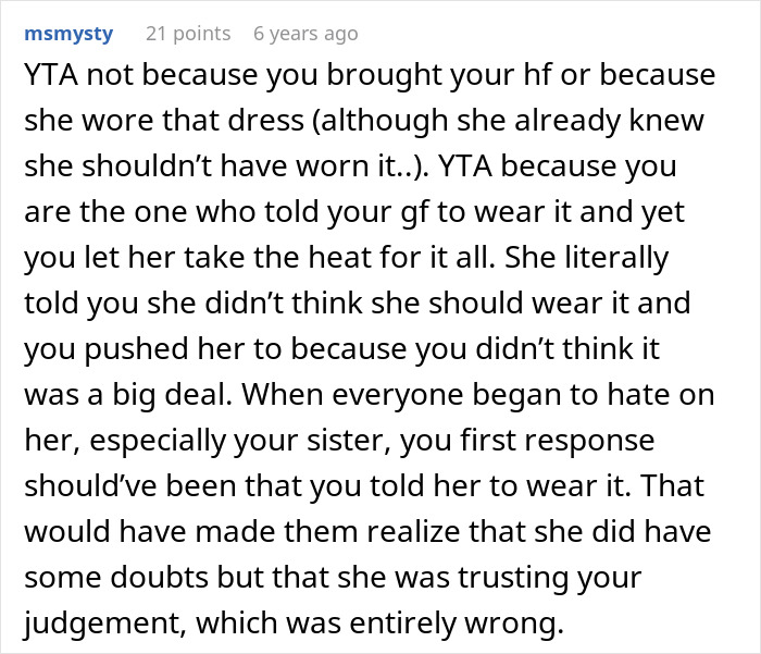 Comment explaining how guy approved GF&rsquo;s outfit for sister&rsquo;s wedding, causing drama and pushing her to wear a controversial dress.
