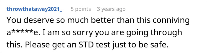 Alt text: Screenshot of a comment advising a woman to get an STD test, reflecting concerns about a cheating husband.