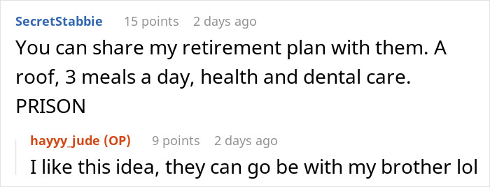 Screenshot of a Reddit conversation about a gay man&rsquo;s retirement plan involving prison instead of funding parents' retirement.