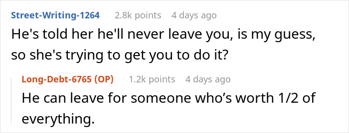 Text conversation showing a discussion about a woman trying to ignore that her husband has a mistress contacting her.