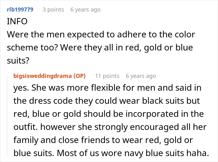 Screenshot of a Reddit comment thread discussing outfit dress codes causing sister&rsquo;s wedding drama and family color coordination.
