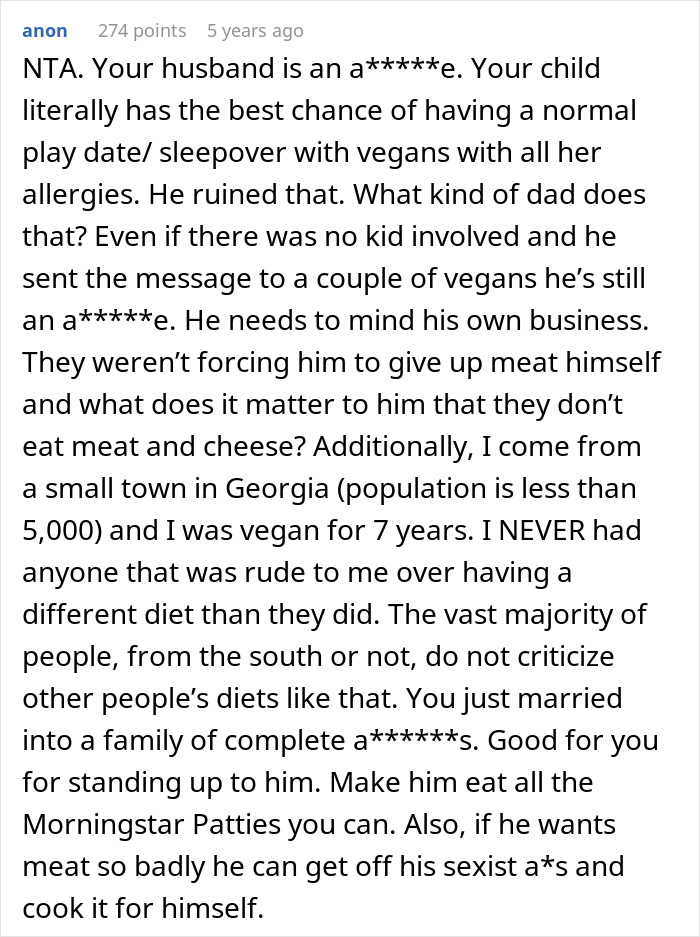 Comment criticizing vegan-hating husband's behavior and supporting wife punishing him for daughter's lost friendship.