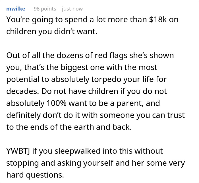 Text post discussing the $18,000 price tag on a woman's dream ring and fianc&eacute;'s dilemma to pay or leave.