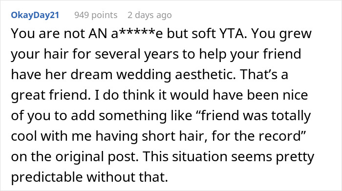 Comment about woman buzzing hair after friend&rsquo;s wedding, addressing assumptions about forced hair growth and style choices.
