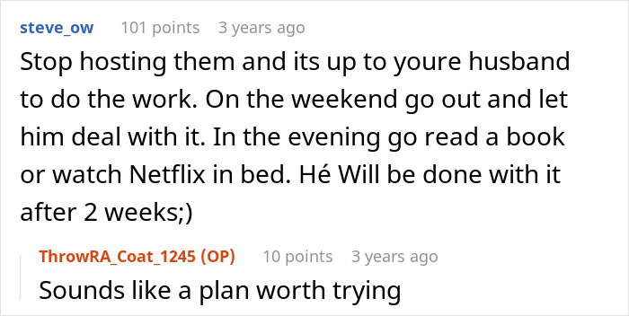 Online conversation discussing a woman moving with family to escape in-laws and the husband's planned response. Online conversation discussing a woman moving with family to escape in-laws and the husband's planned response.