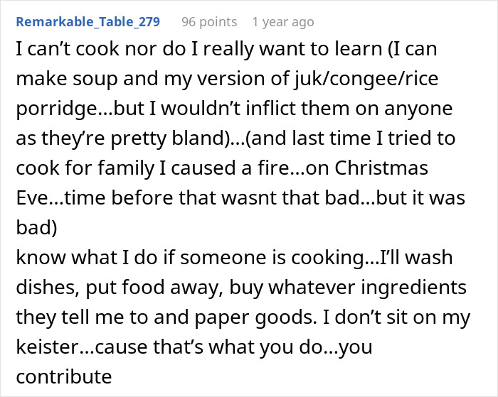 Text post about not being able to cook, helping with dishes, and supporting family cooking efforts.