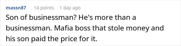 Comment text on a white background discussing the son of a businessman linked to a disturbing discovery in Bali.