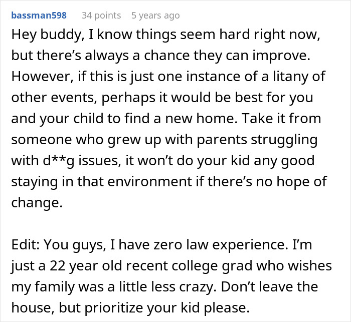 Comment advising to prioritize the kid&rsquo;s well-being over marital issues in a challenging family environment.
