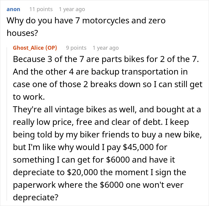 Woman uses wit and seven motorcycles to teach neighbor a lesson about fair parking and property management.