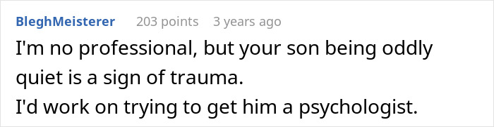 Comment highlighting concern about son&rsquo;s quiet behavior as a potential trauma sign and suggesting psychologist help.