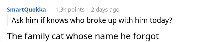Screenshot of a Reddit comment about a boyfriend who kept notes on favorite foods but forgot the family cat&rsquo;s name.