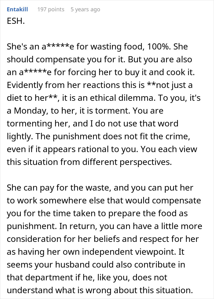 Comment discussing vegan teen being forced to cook meat to teach a lesson about wasting food and ethical viewpoints.