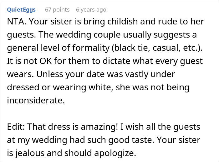 Alt text: Screenshot of Reddit comment discussing drama caused by outfit approval at sister&rsquo;s wedding and relationship tensions.