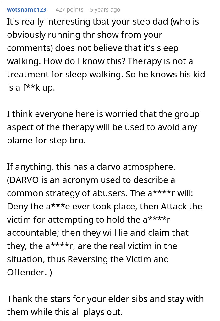 Reddit comment discussing step sibling issues, creepy teen behavior, and parents dismissing concerns about hair cutting incident.