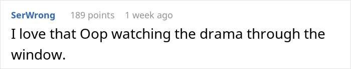 Comment text on a white background about watching drama through the window, related to bride horrified after dad cut off family.