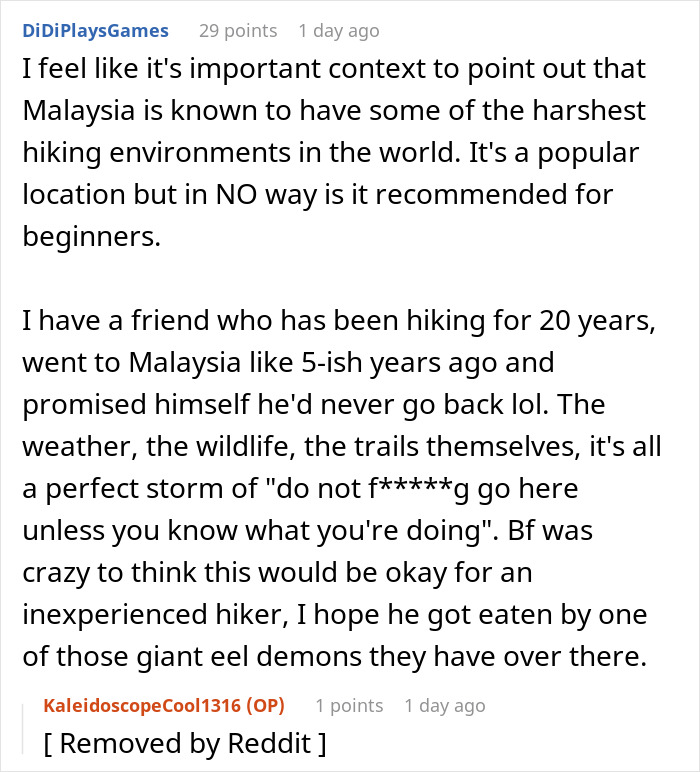Comment discussing harsh hiking environments in Malaysia and risks for inexperienced hikers during outdoor activities.
