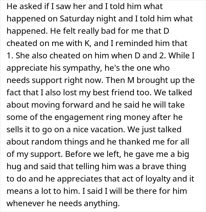 Text from a person explaining relationship betrayal involving a cheater, one night stand, and a secret exposed by a friend.