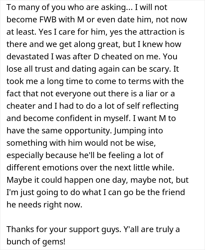 Text message about healing after being cheated on, revealing trust issues and emotions in a complicated relationship situation.