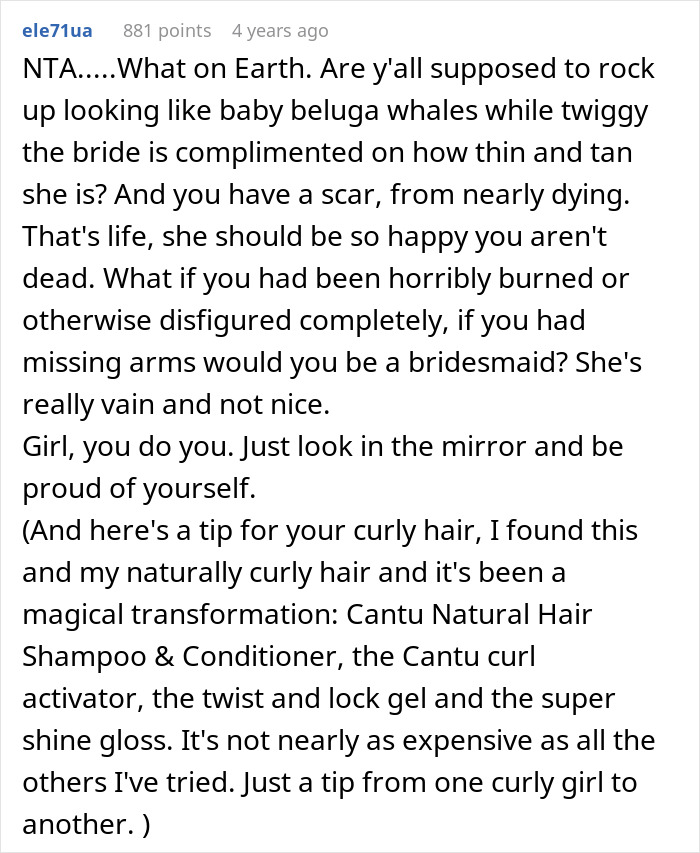 Comment expressing support for sister who worked out and looks good at wedding despite bride’s fury and expectations. Comment expressing support for sister who worked out and looks good at wedding despite bride’s fury and expectations.