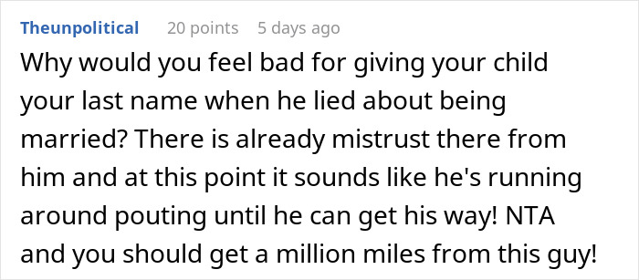 Screenshot of a Reddit comment discussing giving a baby the mother's last name after a relationship conflict.