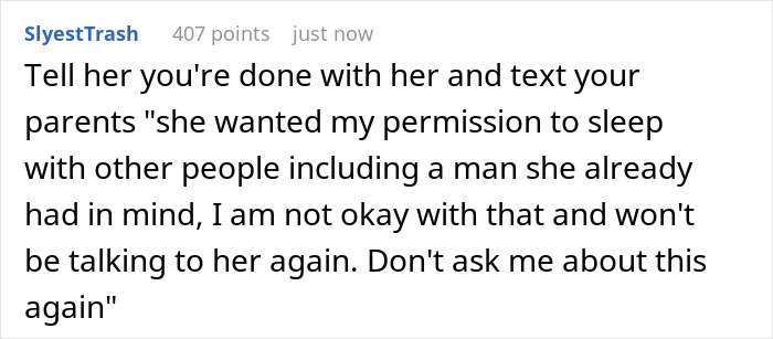 Comment suggesting to end relationship over open relationship request, highlighting parents turning against him.