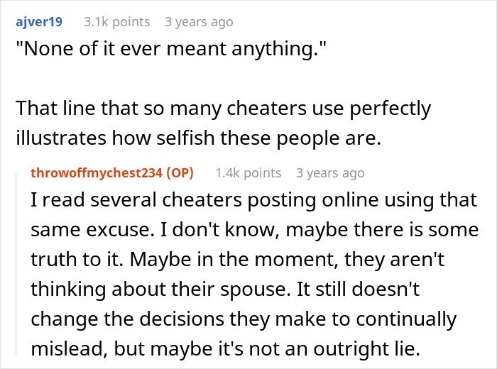 Reddit comments discussing cheaters using excuses and reflections on selfish behavior in relationships after admitting to cheating multiple times.
