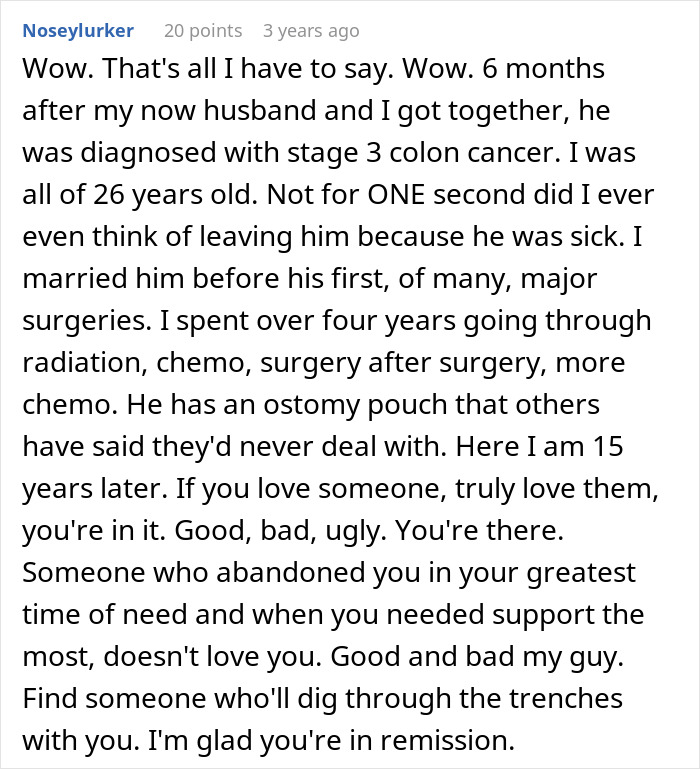 Comment sharing a personal story about loyalty and love during a husband's cancer battle, highlighting abandonment and divorce reality. Comment sharing a personal story about loyalty and love during a husband's cancer battle, highlighting abandonment and divorce reality.