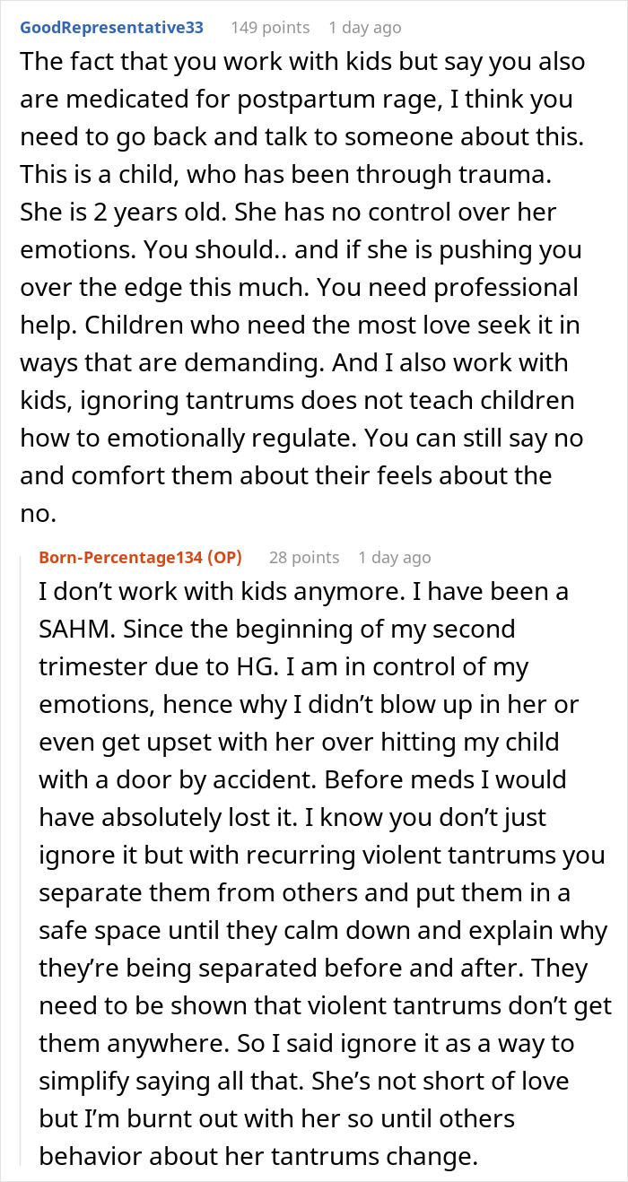 Screenshot of an online discussion about a violent niece injuring a 6-month-old baby and family enabling behavior.