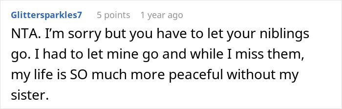 Screenshot of a user comment expressing sadness about niblings being brainwashed and deciding to cut contact with family.